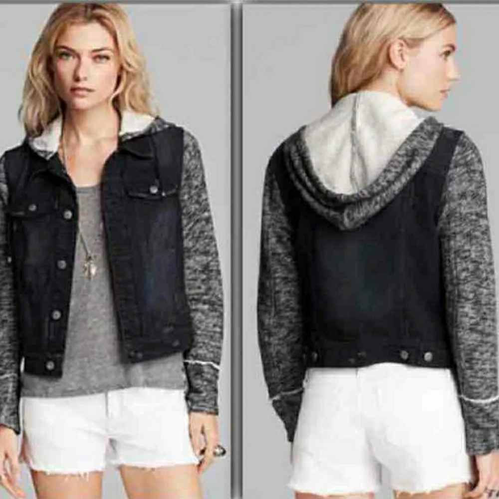 Free People Black Hooded Distressed Denim Jacket